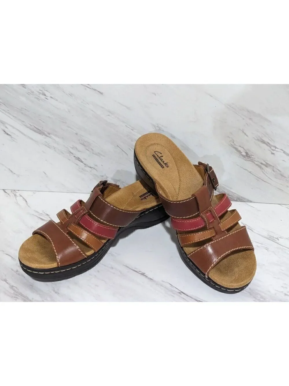 Clarks Women's Brown Soft Step Strappy Wedge Leather Comfort Sandals Size 7